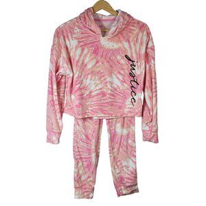 Justice Pajama Set Pink Medium Tie Dye Hood Joggers Long Sleeves Logo Fleece